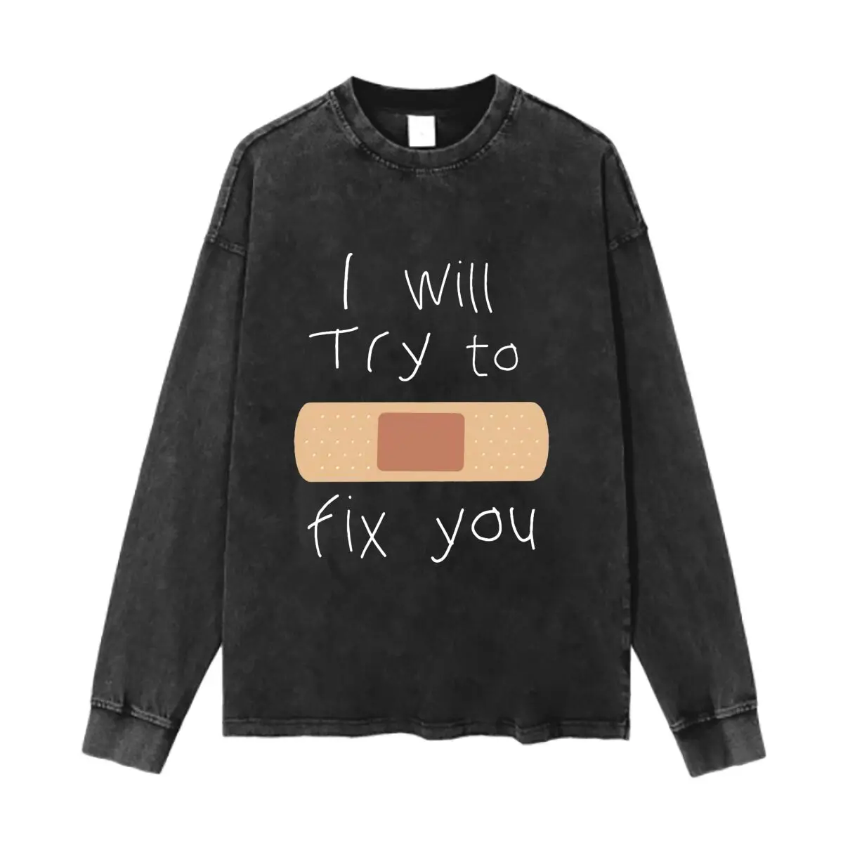 I Will Try to Fix You Bandage Text Washed Vintage Long Sleeves Cotton Tee Shirt Solid O Collared For Men's And Women's
