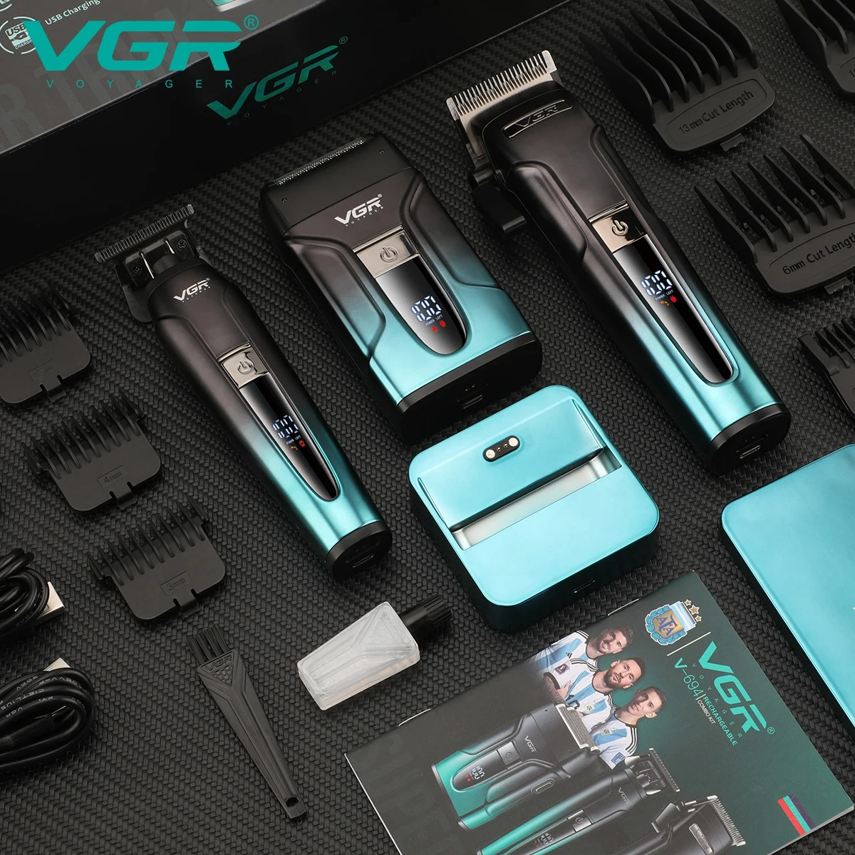 VGR 3-in-1 ヘアトリミングセットプロフェッショナルハイエンド電動プッシュクリッパーオイルヘッド彫刻プッシャー LED 往復シェーバー V-694