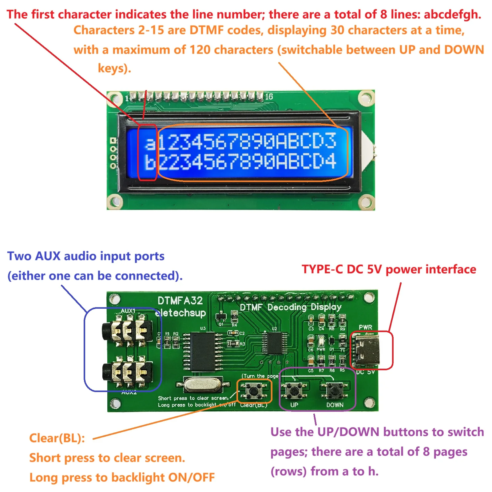 MT8870 Smart Home Phone Interphone Control Board 120 Byte DTMF Decoder LCD Display Audio Decoding Module