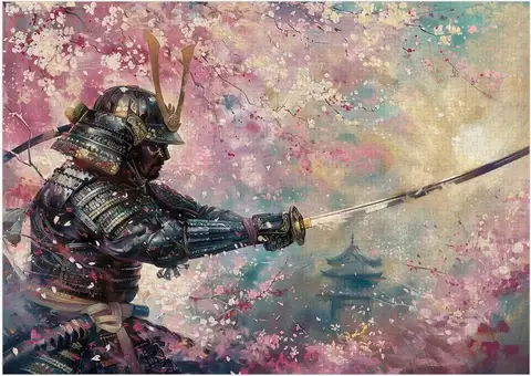 Cherry Blossom and Samurai 1000/500/300 Pieces Jigsaw Puzzles Challenging Family Activity Games for Gameroom Bedroom Livingroom