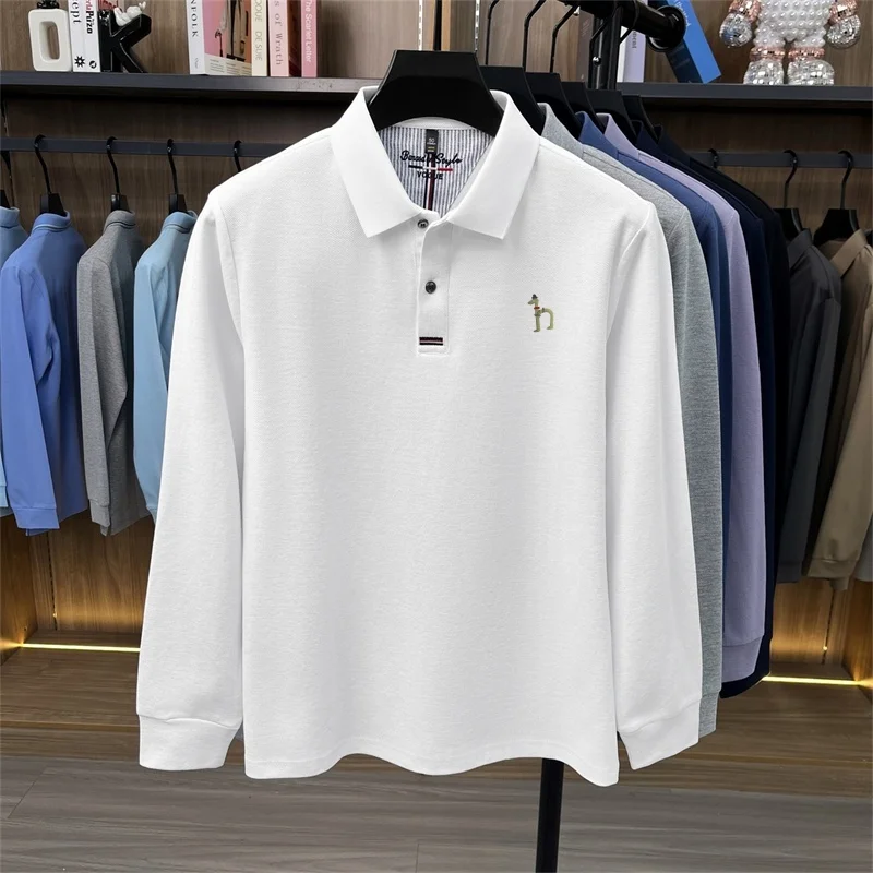 Frühling Herbst Trendiges 100% Baumwolle Herren-Poloshirt mit Aufdruck und Kragen, Einfarbiges Langarm-T-Shirt, Bequeme Freizeitkleidung für Männer – Detail 10