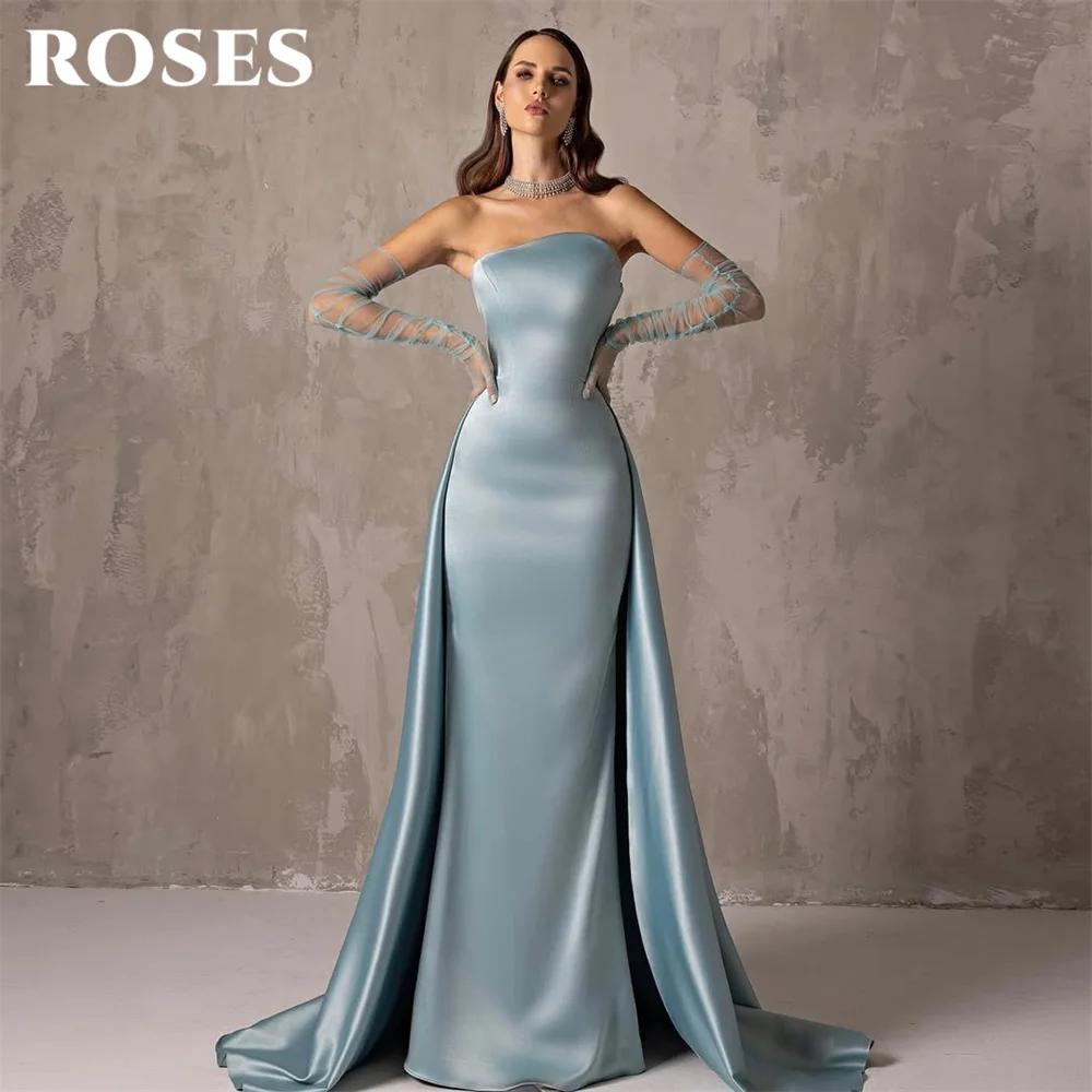 

ROSES Dusty Blue Evening Dresses Strapless Satin Formal Gown Mermaid Night Dresses with Train Prom Dresses Elegant Customized