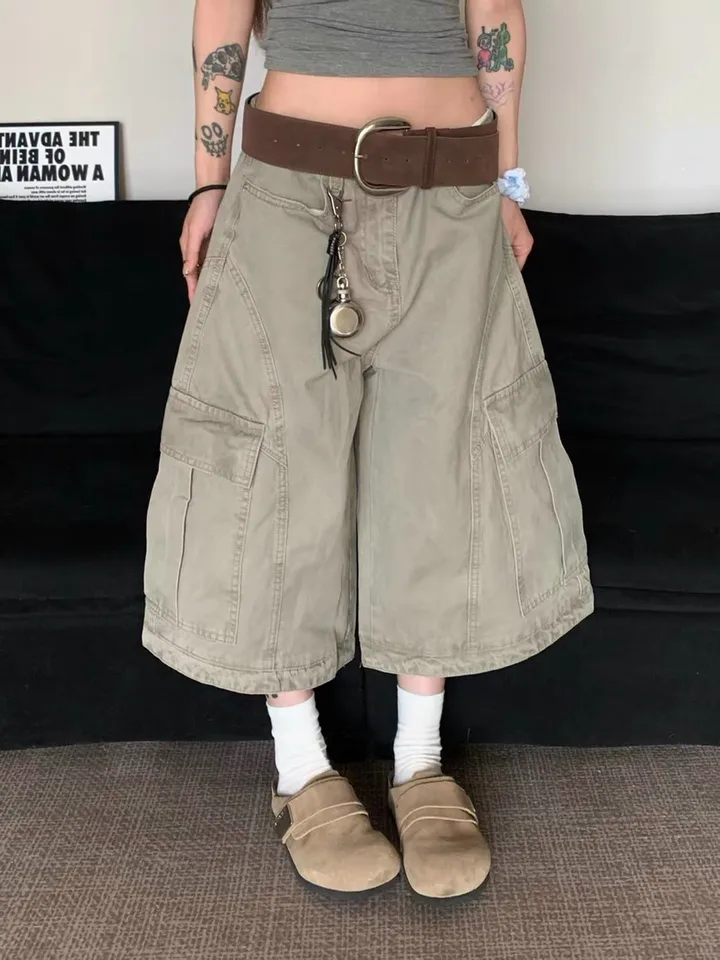 Short de Mezclilla para Mujer, Tiro Alto, Pierna Ancha, Largo a la Rodilla, Gris Casual, Holgado, Estilo Americano, Pantalones Cortos de Mezclilla para Mujer 2