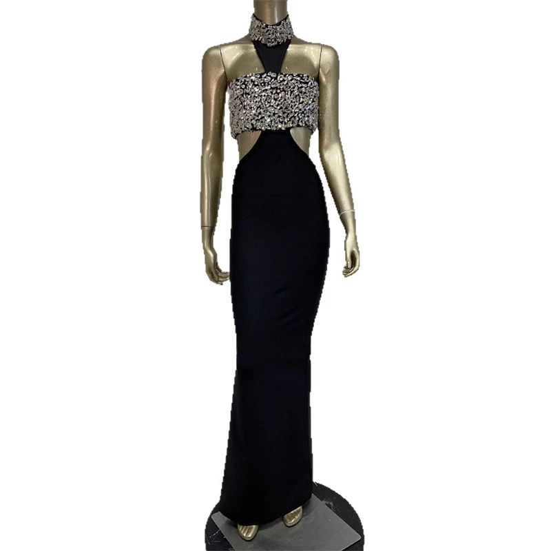 女性ブラックホルタークリスタル背中の開いたカットアウトロング包帯ドレス誕生日セレブイブニングクラブパーティーワンピースガラドレス