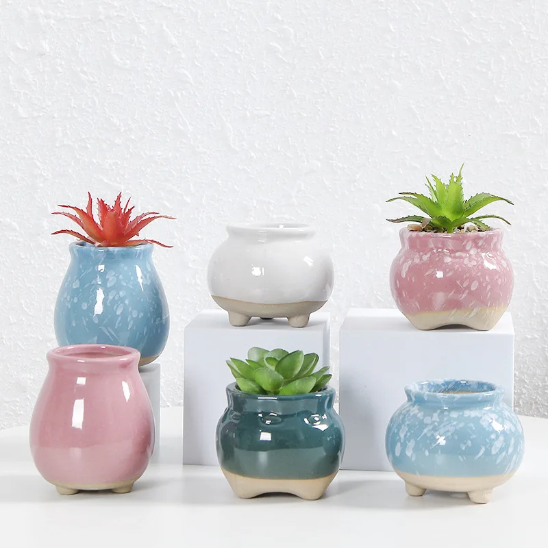 1pc Mini Ice-Crack Ceramic Flowerpots for Succulent Home Garden Desktop Decoration Mini Succulent Pots Stand Colorful Flower Pot