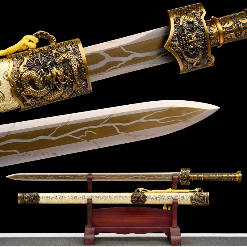 

Functional Chinese Han Jian Sword High Manganese Steel Blade Real Full Tang Sharp Ready Battle Samurai Swords Cyan Dragon Katana