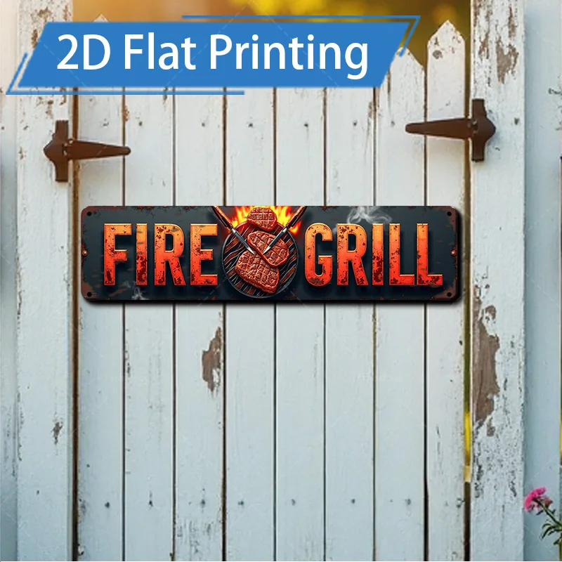Letrero de Metal de 4x16 pulgadas, "señal de parrilla de fuego rústica, arte de Metal Vintage para decoración de barbacoa al aire libre", 1 ud.