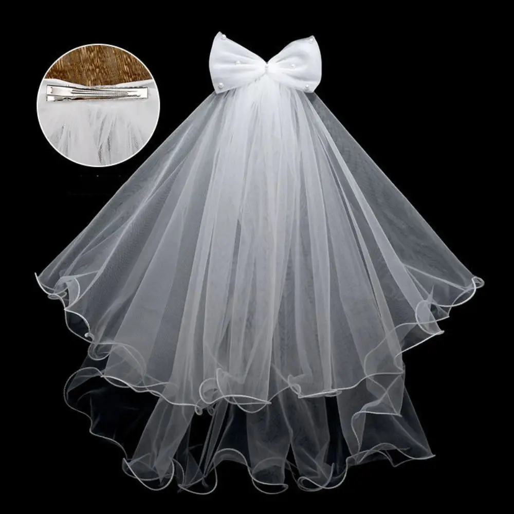 

Temperament Flower Bridal Veil Bow Ribbon Bride Head Gauze Pearl Bridal Headdress Marry Veil Women