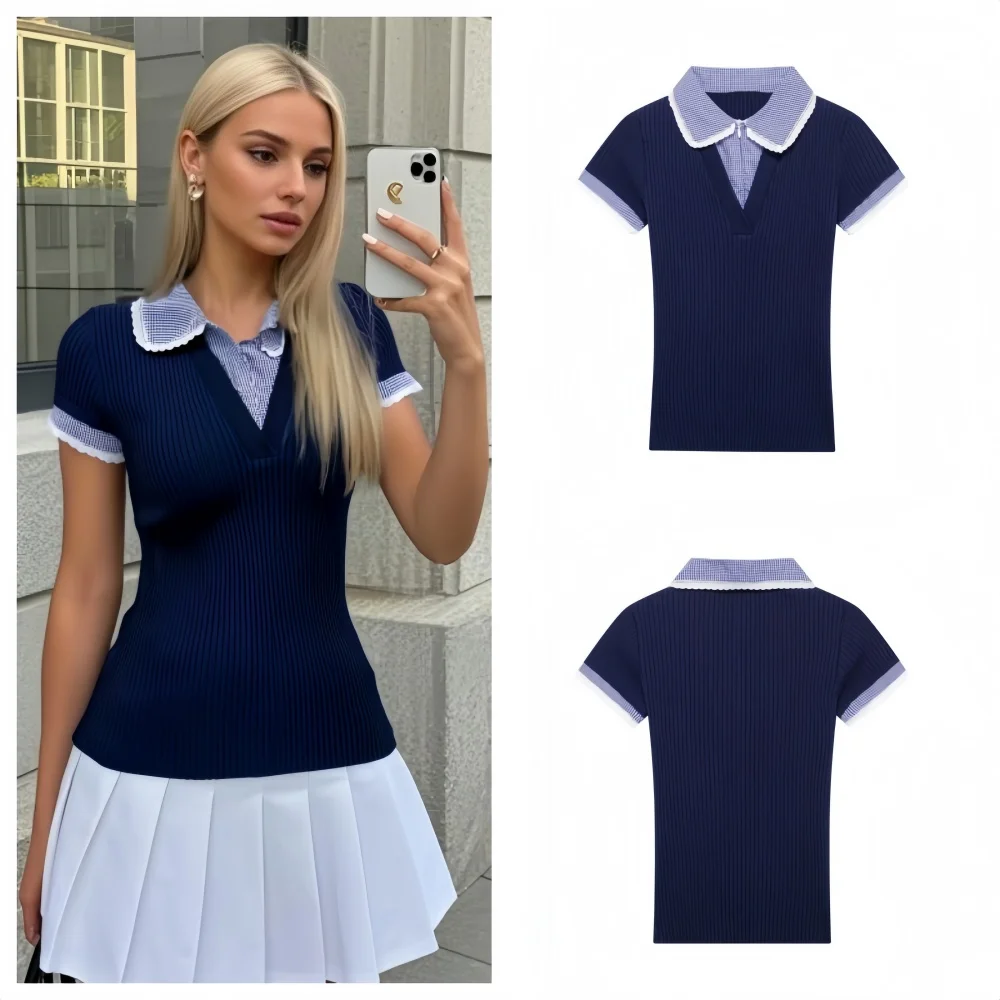 

Taop&Za2025 new French short-sleeved stitching polo shirt ruffled collar exquisite buttons fashionable and casua