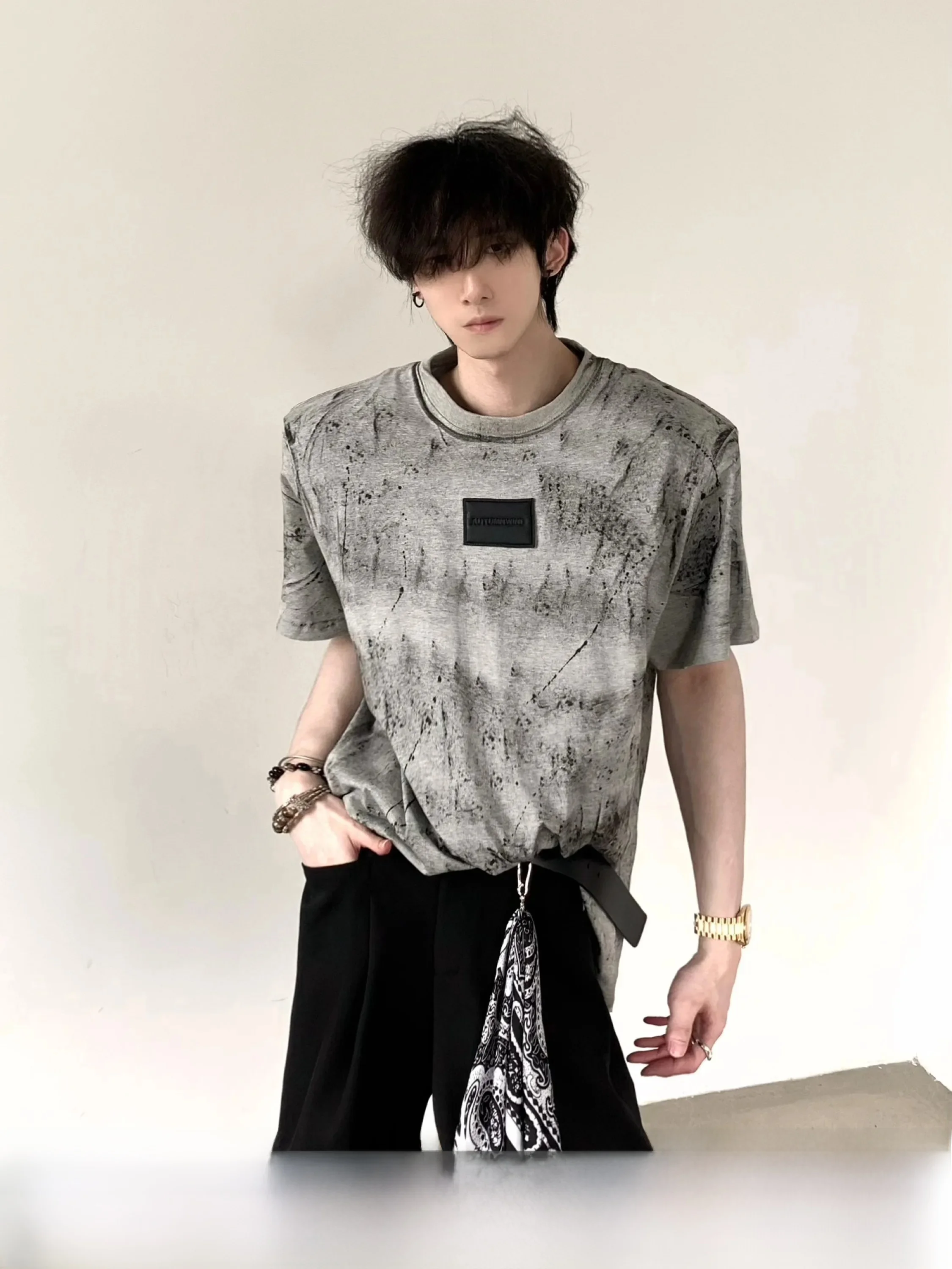 Autumn Mountain Wind Tie Dye Design Heavy Shoulder Pad Short Sleeve Men's Summer High End Retro Trendy T-Shirt Cotton Casual