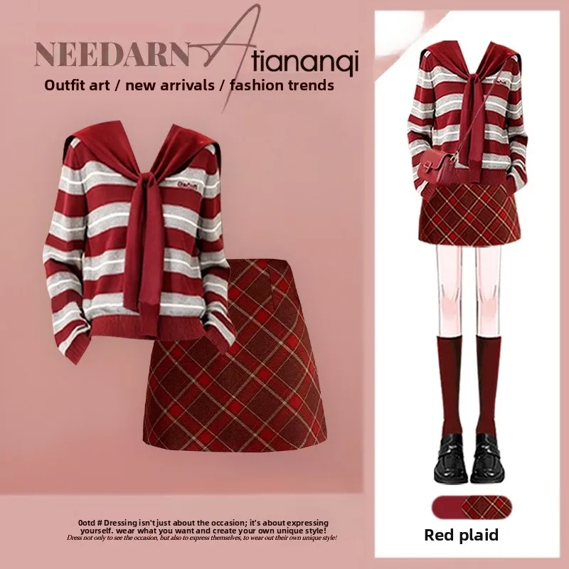

Autumn Winter College Sle Women's Dopane Red Stripe Knitted Sweater High Waist Plaid Skirt Two Piece Set Faionable