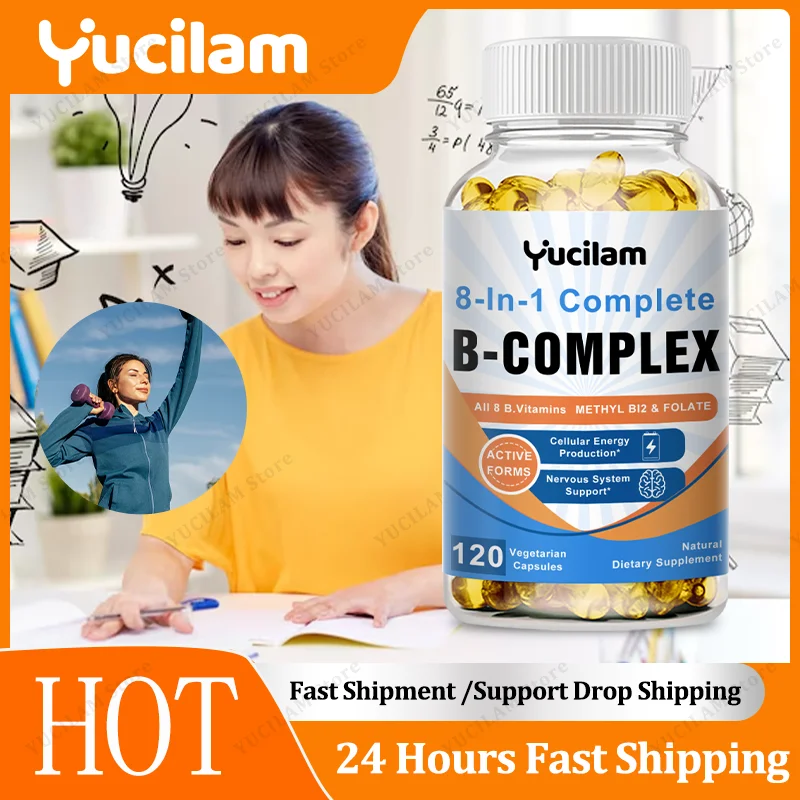 

Vitamin B Complex Capsule (B12, B1, B2, B3, B5, B6, B7, B9, Folic Acid & Biotin) - Boost Energy & Reduce Stress & Reduce Fatigue