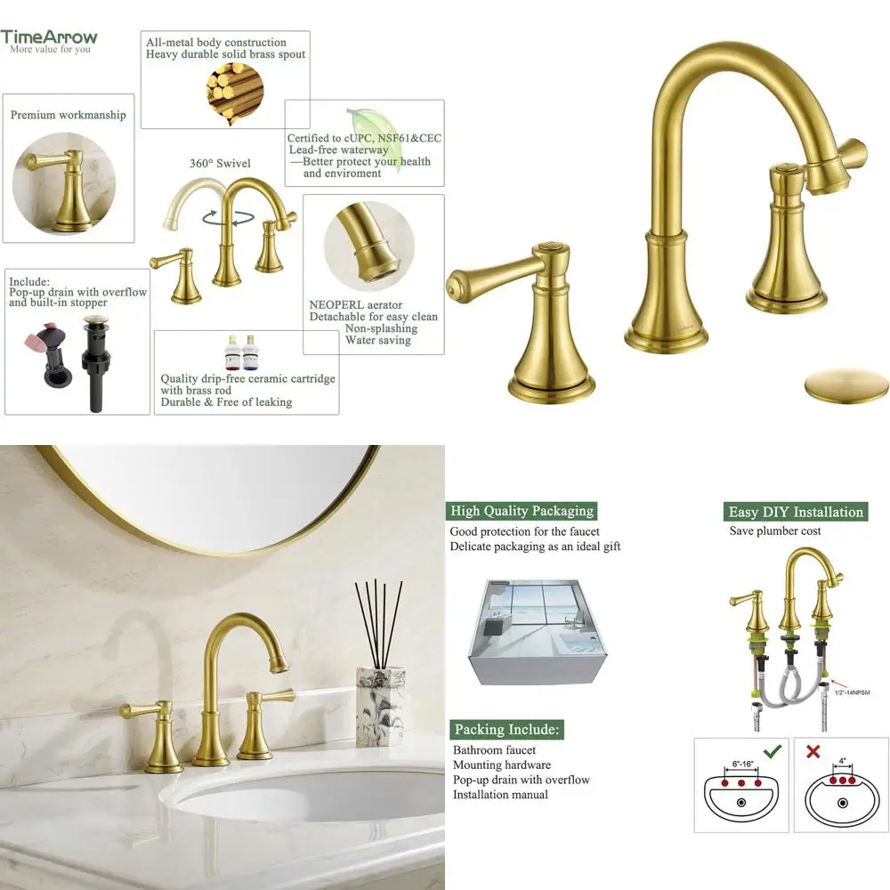 

8 Brushed Gold Widespread Sink Faucet with 3 Holes, 2-Handle Modern Bathroom Lavatory Faucet, Brass Swivel Spout, Pop-Up Drain,