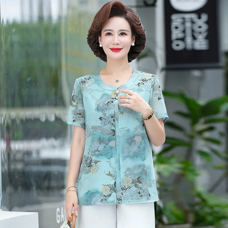 Vrouwen Lente Zomer Stijl Chiffon Blouses Bloemen Nep Twee Stukken Shirts Dame Casual Halve Mouw O-hals Chiffon Blusas Tops Zt139