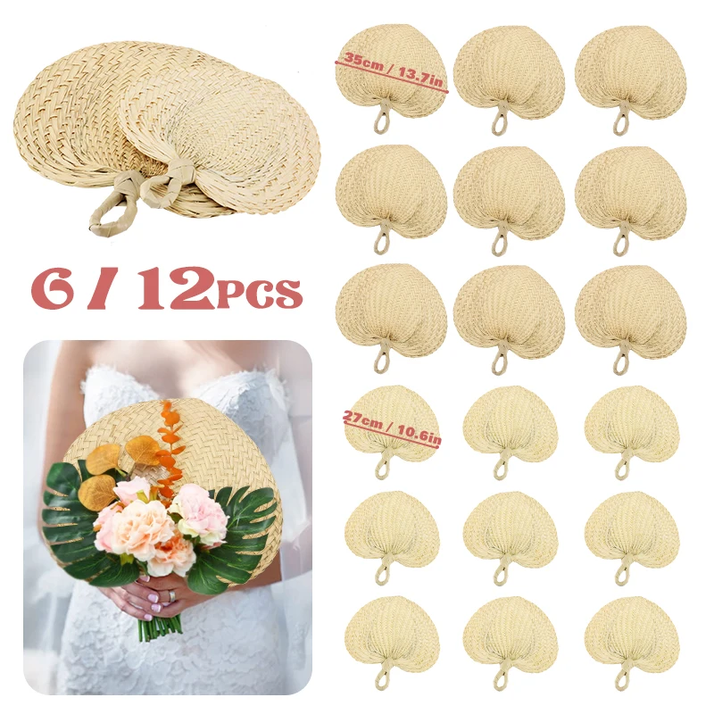 6PCS Natural Bamboo Raffia Fan Hand Wedding DIY Hand Weaving Fan Ideal for Summer Wedding Cooling Supplies and Wall Decor