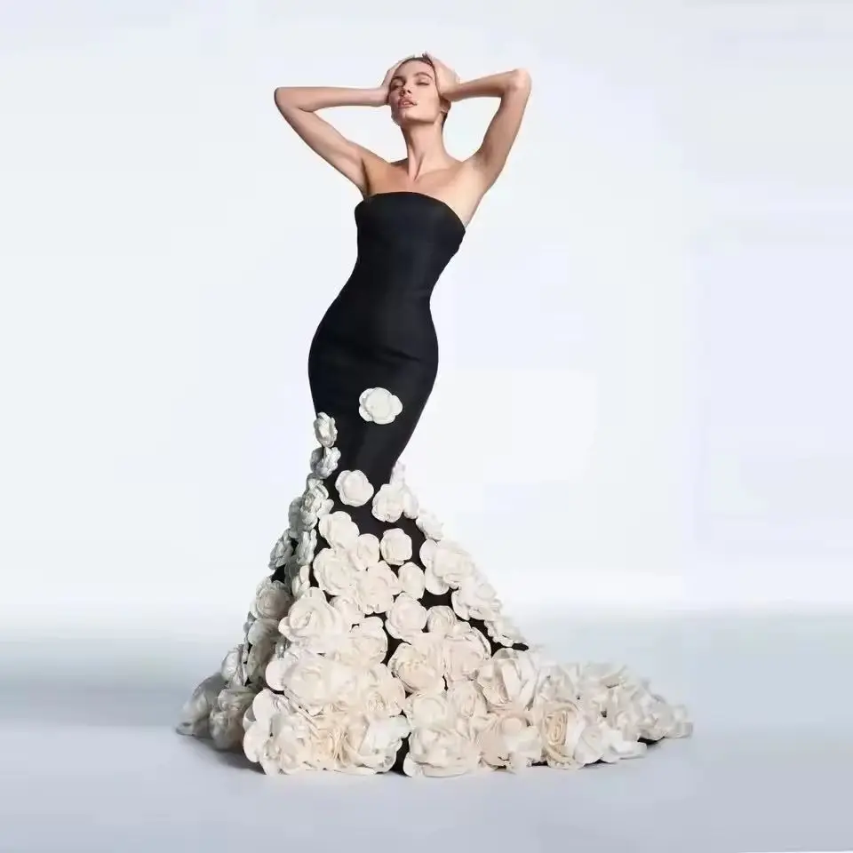 

Luxury Maxi Dress 3D Floral Long Formal Event Party Dresses Off The Shoulder Women Strapless Black Satin Prom Gowns Mermaid