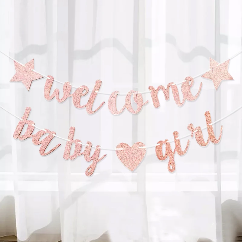 Glitter Welcome Baby Girl Boy Heart Banner Flags Garland for Baby Shower Birthday Gender Reveal Party Background Decoration