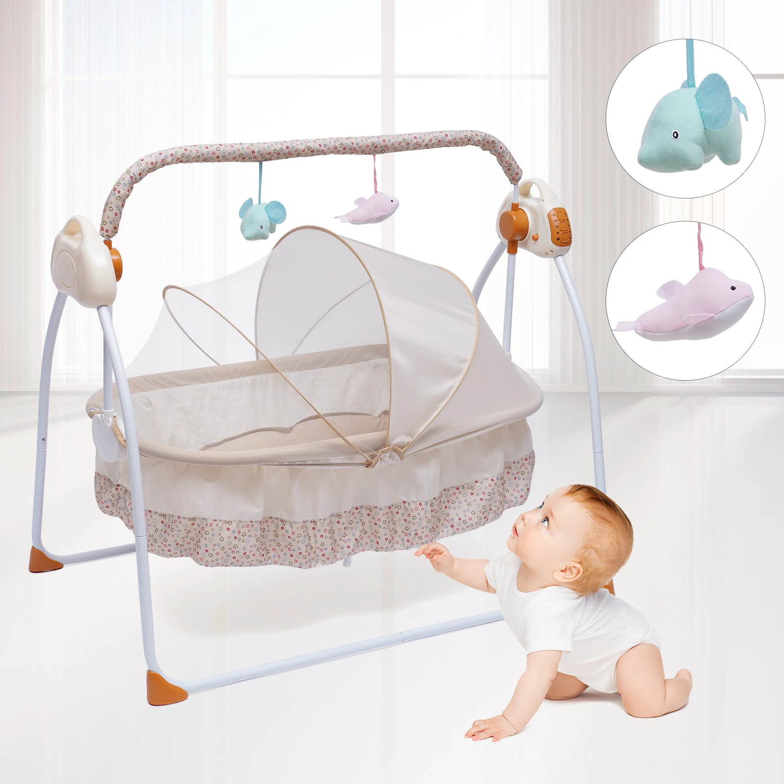 

Electric Baby Crib Cradle Auto-Swing Newborn Sleep Bed Infant with Bluetooth khaki