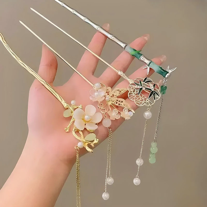 6pc/set Elegant Chinese Hair Clips Tassels Traditional Hair Sticks Women\'s Retro Metal Flowers Jade Decorations Hair Accessories
