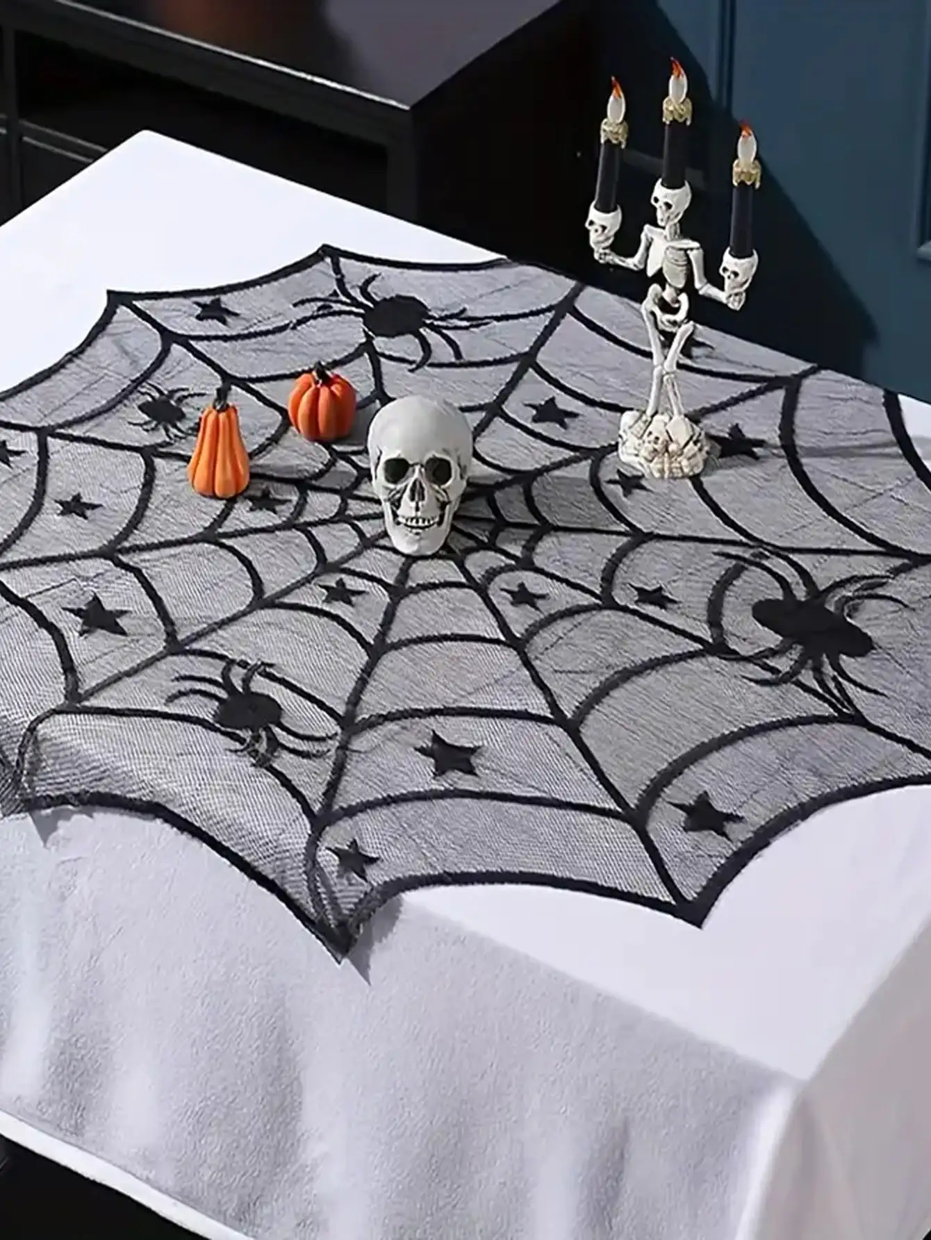 Halloween Decoration Lace Spider Web Skeleton Skull Tablecloth Black Fireplace Mantel Scarf Event Party Supplies