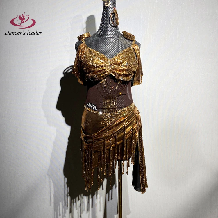 

Latin Dance AB Stone Female Adult Children High end Customized Gold Dress Black Pool Samba Performance Dress