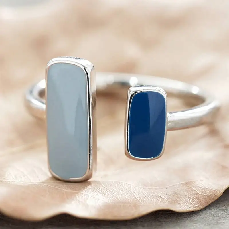 Huitan Damen-Ring mit blauer Emaille, frischer Stil, Party-Accessoires für Damen, silberfarben, modisch, vielseitig, für den Alltag, charmanter Schmuck