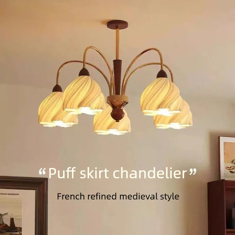 French Cream Style Skirt Pendant Lights Multi Heads Puff Shade Chandelier Living Room Main Light Fixture Study Retro Home Decor