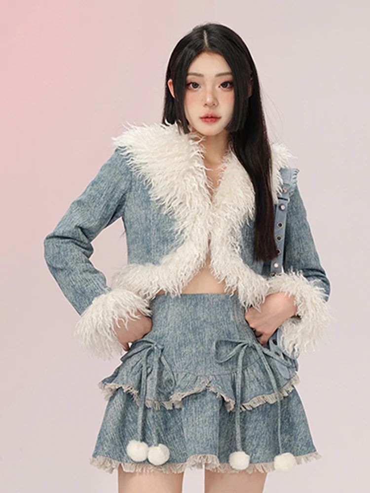 REDDACHiC Fur Trim Cropped Jacket minigonna donna 2 pezzi Set clacson Button cappotto trapuntato gonna torta di peluche Retro Blue Denim Suit