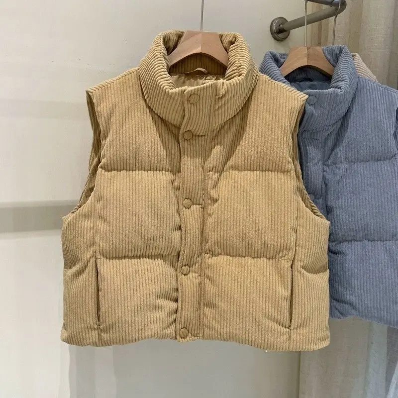 Women's Vest Autumn Winter New Loose Versatile Corduroy Stand up Collar Vest Women's Short Cotton Jacket Solid Color