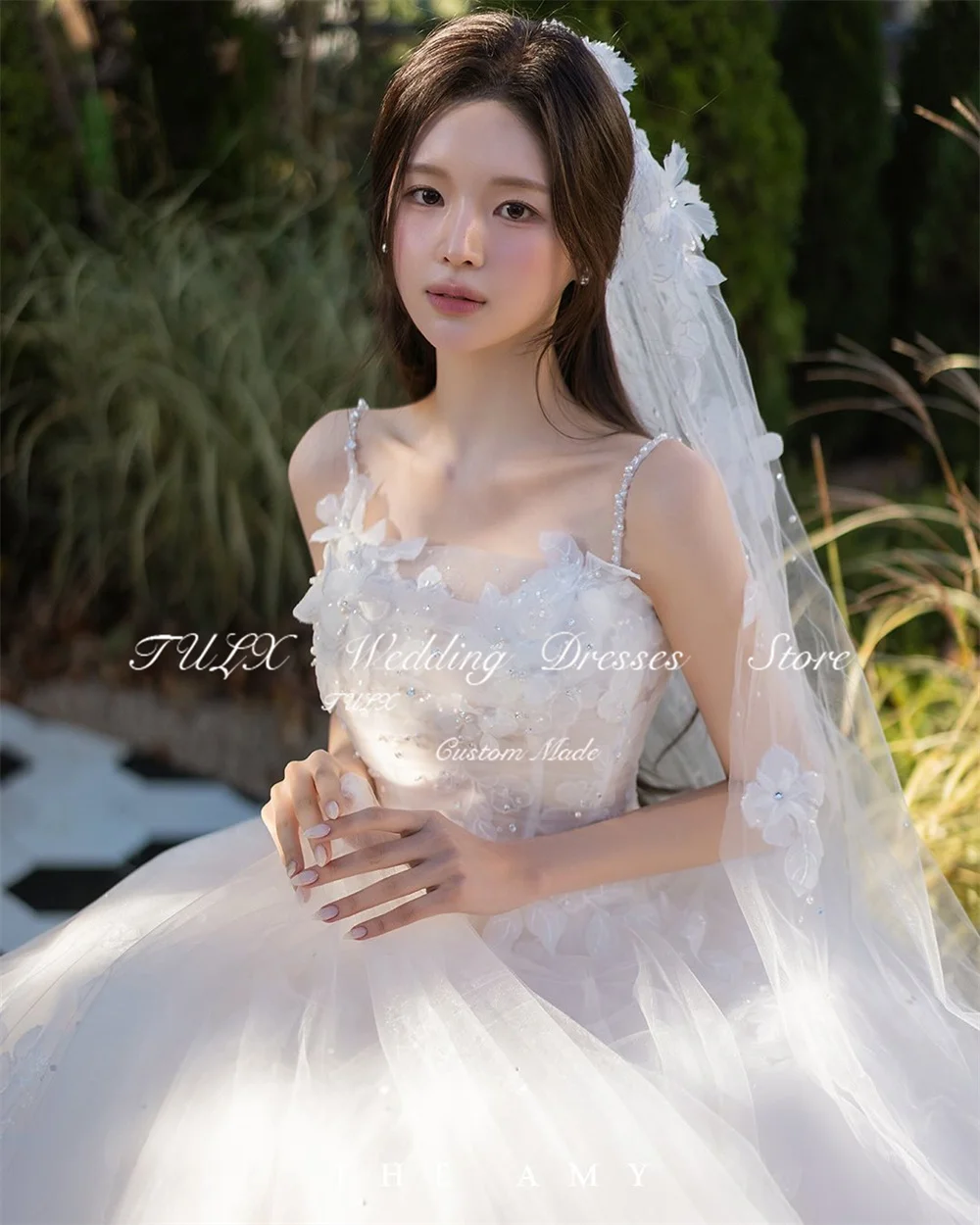 TULX หรูหรา Sparkly ลูกไม้ดอกไม้งานแต่งงานถ่ายภาพชุดสายคล้องคอเกาหลีชุดเจ้าสาวความยาวชั้น ที่กําหนดเอง