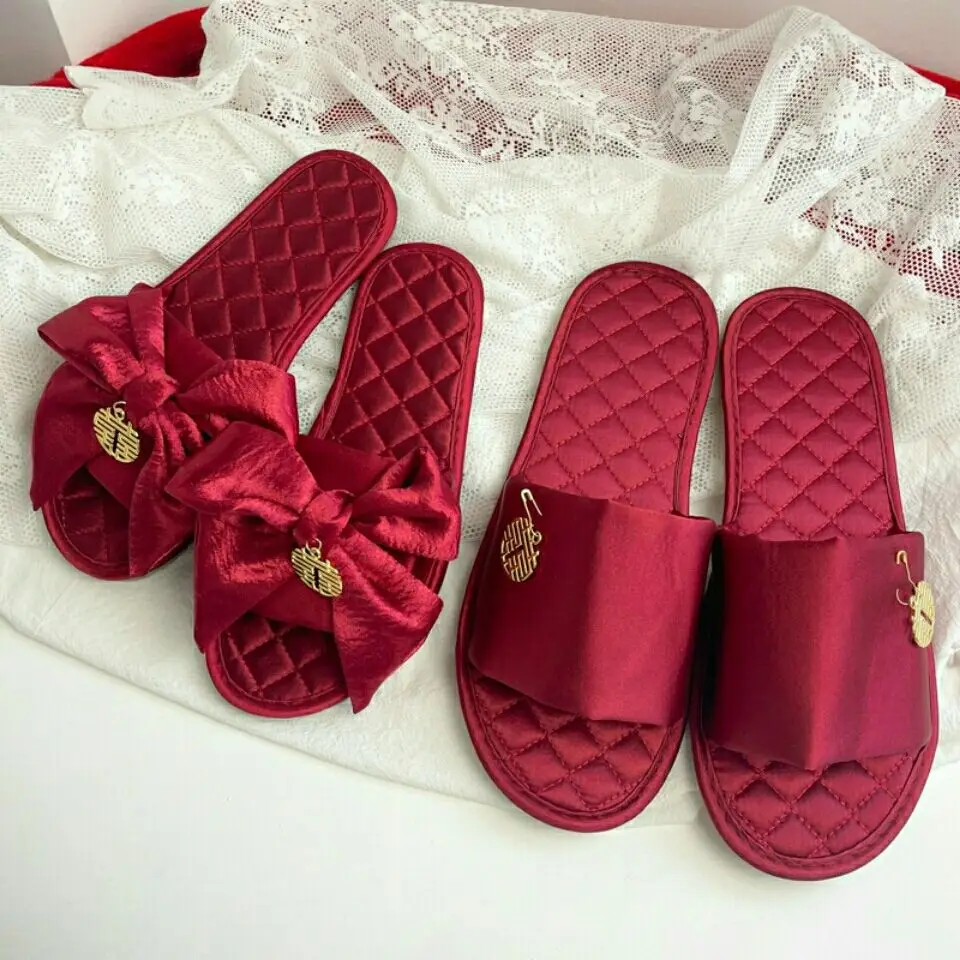 High Quality Bride Groom Wedding Party Slippers Satin With Bow Lovers Bachelor Night Gifts For Women Sandal Zapatos De Mujer