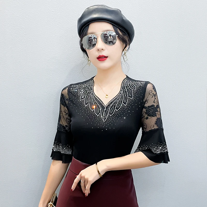 MadBlack-Women European T-Shirt, Sexy V Neck Diamond Hollow-out, Streetwear 3/4 Sleeve Slim M-3XL Mesh Tee, 2026 Summer T63505CC