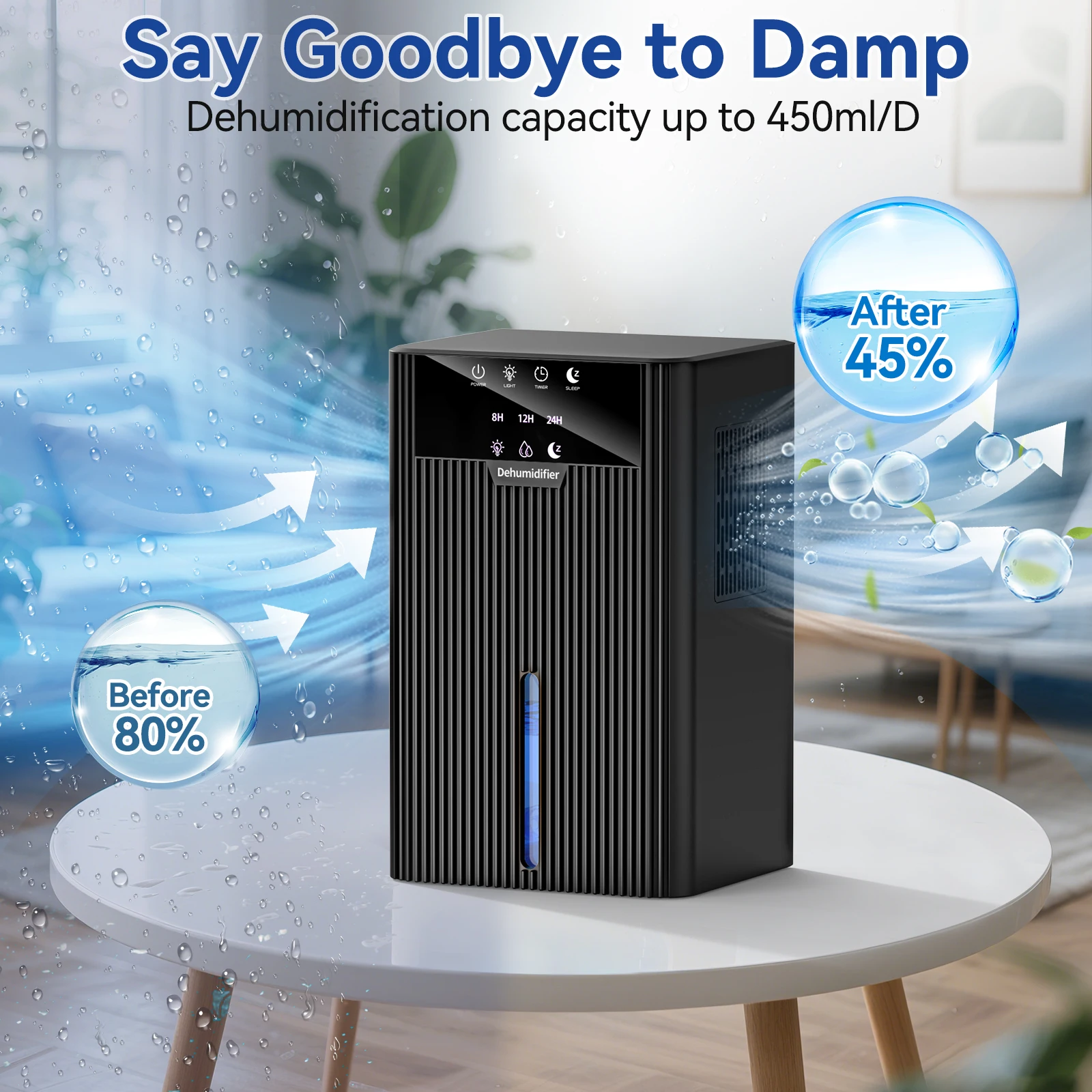 Deshumidificador Portátil para el Hogar, Absorbedor de Humedad, Purificador de Aire, Dispositivo Compacto de Control de Humedad con Tanque de Agua Grande de 2200ML
