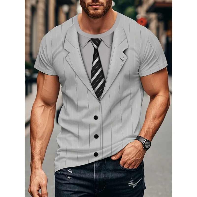 

3D Printed Fake Suit T-Shirt For Men Cool Uniform Pattern T Shirts Summer Loose Street Sport Tops Round Neck Short Sleeve Tees
