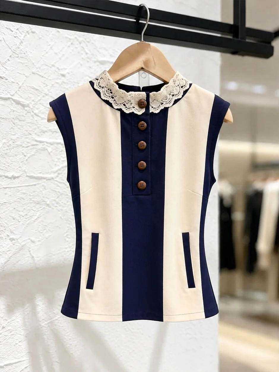 

Summer Commute Lace Splice Sleeveless Top Slimming Base Layer Shirt Women's Striped Color Block V-Neck Loose Fit Korean Style