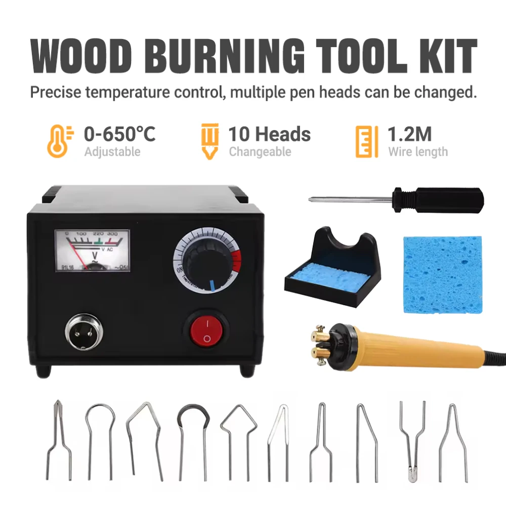 Professional Woodburning Kit 0-650℃ Adjustable Pyrography Pen 10 Wire Tips Electric Wood Burner for Gourd Crafts & Pyroengraving