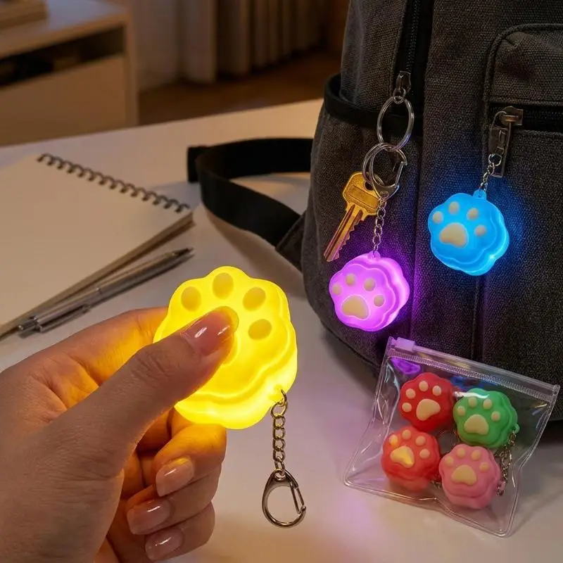 Cute Glowing Cat Paw Keychain Press Activated LED Light 6 Assorted Colors Lightweight Key Holder for Student Daily Use