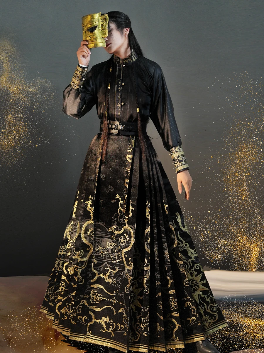 

Elegant original horse-face skirt black and gold national wind ceremony shirt Hanfu elements new Chinese men and women