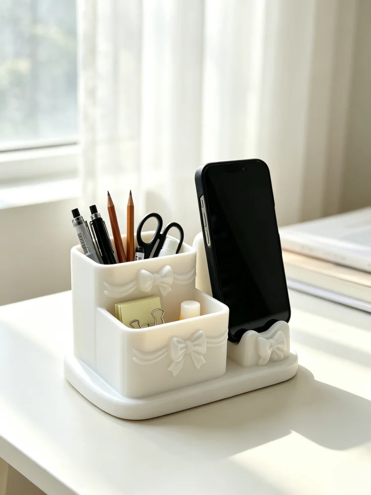 Ins-Style Cream-Colored Desktop Decoration Piece, Bow-Knot Design Multifunctional Desktop Storage Box, 2-in-1 Pen Holder and Phone Stand, Matte White Desktop Organizer, Office Desk Storage, Home Office Student Stationery Storage, Makeup Brush Storage Holder, Cute Phone Stand, Simple Desktop Accessories, Workstation Storage Solution, Desktop Modification Essentials, Ribbon-Tied White Pen Holder, Suitable for Dormitory, Study Room, Office Desk, Dressing Table, Multiple Scenarios