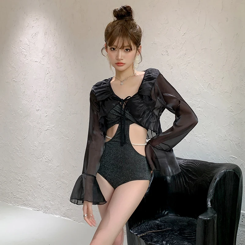 New Black Sexy Long Sleeved Two Piece Set Cute Girl Fairy One Piece Swimming Suit for Women