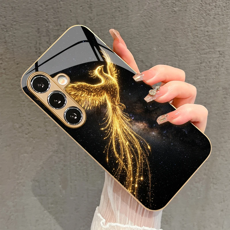 2D Phoenix Pattern Flowing Light Phone Case for Samsung Galaxy S26 S25 S24 S23 S22 S21 S20 A56 A55 Golden Glass Protective Cover view 2