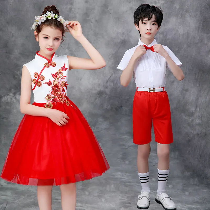 Meninos e meninas Red Song Performance Trajes de Piano, Escola Primária Estilo Chinês, Trajes de Performance Infantil