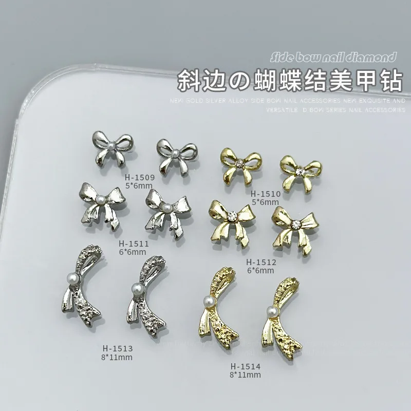10PCS 실버 골드 금속 3D 네일 아트 보우 매력 매니큐어 장식 손톱 장식 디자인 용품에 대 한 진주 라인 석 액세서리