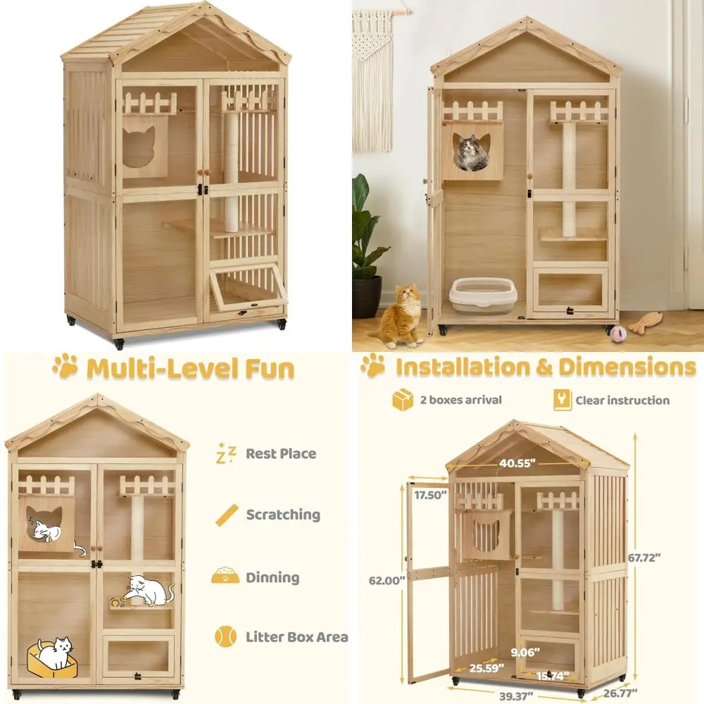 

Крытый деревянный кошачий домик с входом, запираемыми дверями и колесами для котят.