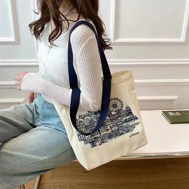 Women Canvas Shoulder Bag London Books Print Ladies Casual Handbag Tote Bag Reusable Large Capacity Cotton Shopping Beach Bag