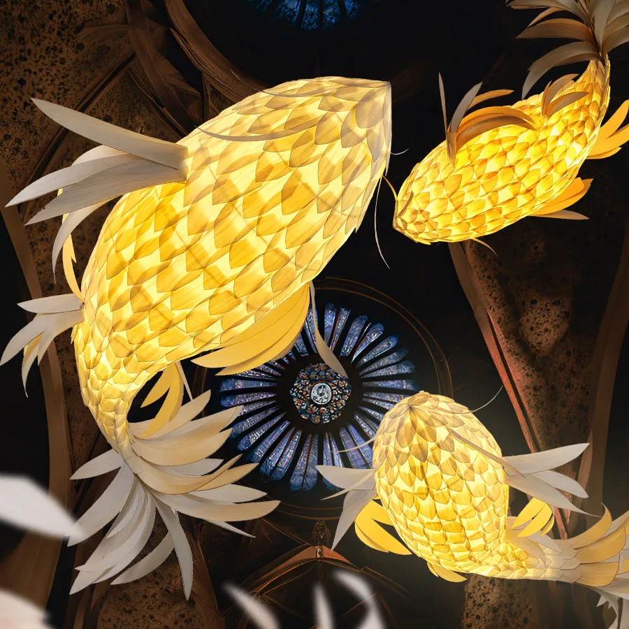 Designer fish-shaped chandeliers, Japanese sushi restaurant atmosphere, hot pot shopping malls