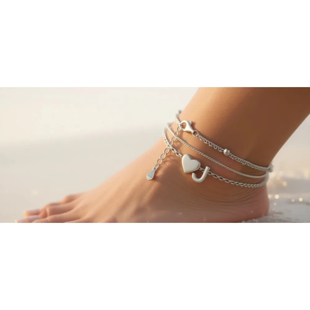 

Серебряные браслеты на ногу 925 пробы с водонепроницаемым покрытием, многослойные, с инициалами в форме сердца, для женщин, летние, пляжные, A-Z