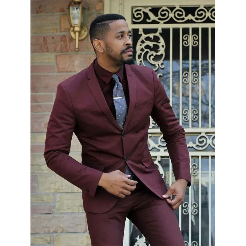 Summer Solid Male Suit Burgundy Formal Notch Lapel Office Casual Slim Two Piece (Blazer+Pants) Fashion Wedding Party Tuxedo