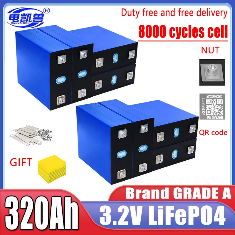 

NEW 8 PCS 3.2V 320Ah Lifepo4 rechargeable battery GRADE A DIY 12V 24V 48V RV solar storage golf cart battery pack EU/US TAX-FREE