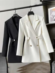 Moda mulher blazer 2024 cintura fina duplo breasted vestido terno jaqueta primavera nova cor pura elegante em linha reta branco blazer